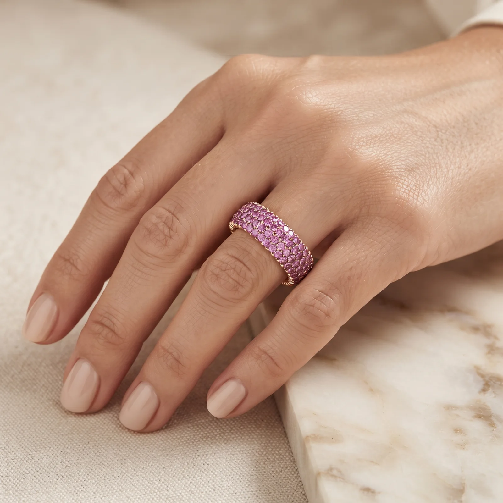 Pembe Taşlı Rose Rengi 5 Sıralı Tamtur 925 Ayar Gümüş Kadın Yüzüğü – Görsel 2