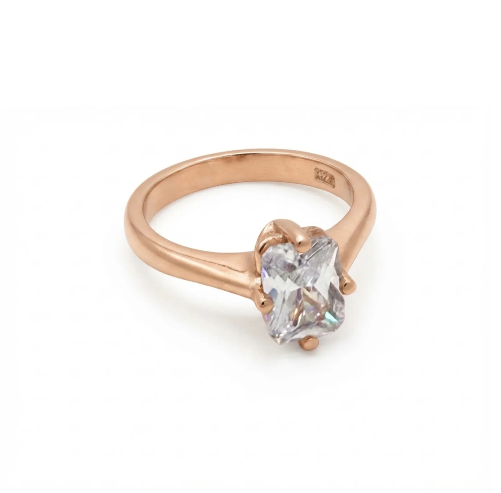 925 Ayar Gümüş Baget Kesim Rose Gold Kaplama Tek Taş Yüzük – Görsel 2