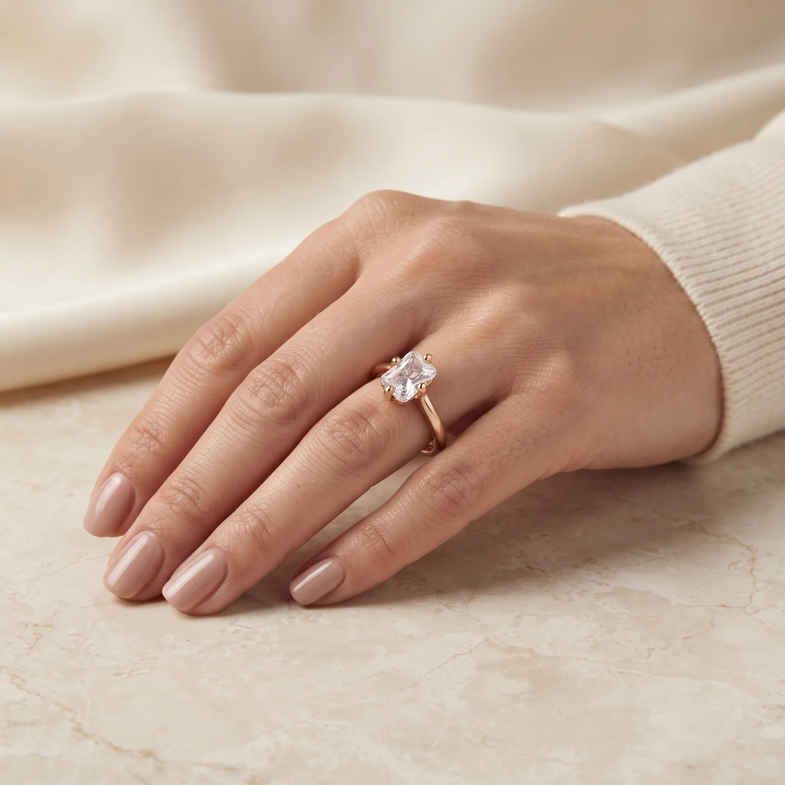 925 Ayar Gümüş Baget Kesim Rose Gold Kaplama Tek Taş Yüzük – Görsel 3
