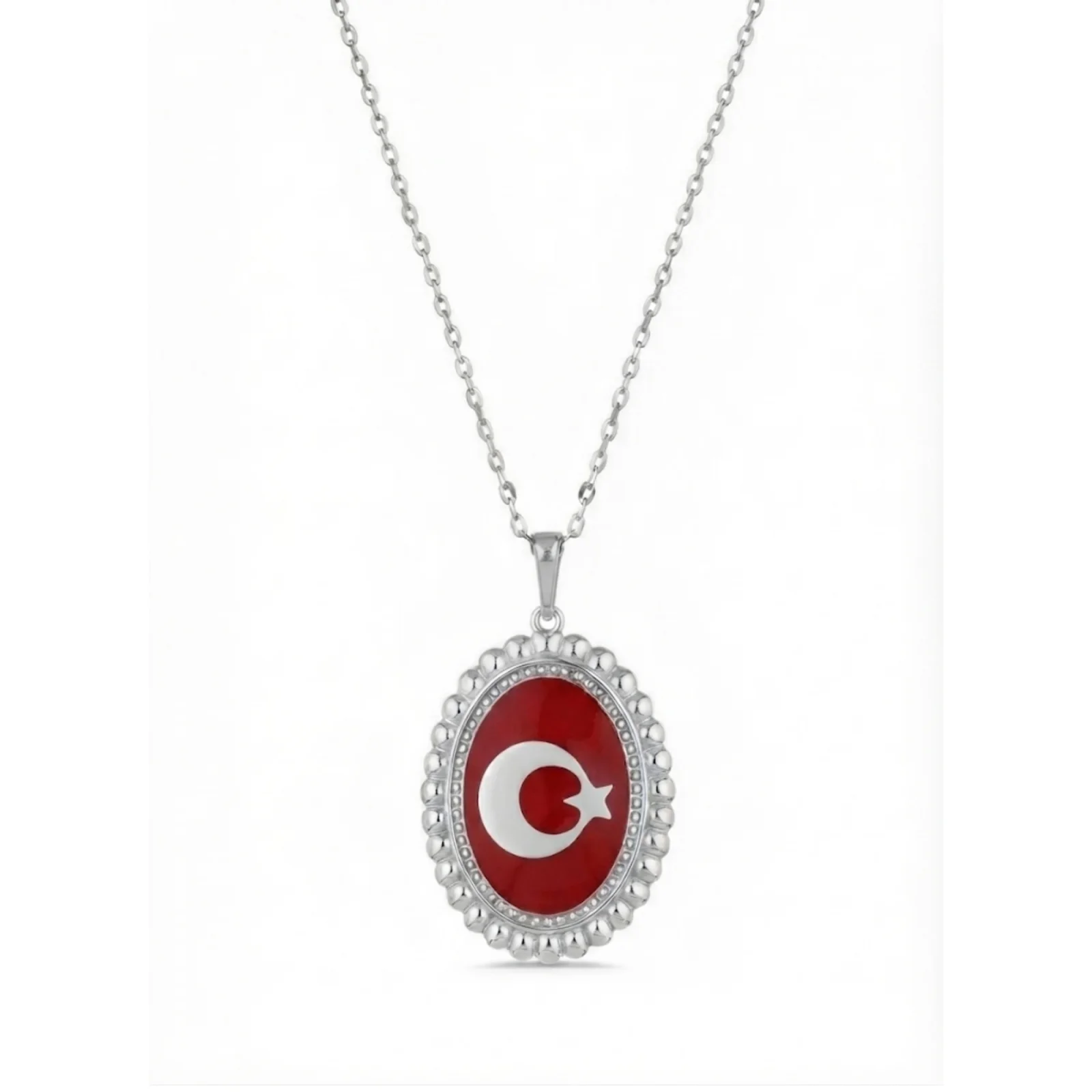 925 Ayar Gümüş Kırmızı Mineli Ay Yıldız Kadın Kolye